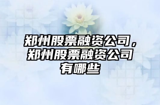 鄭州股票融資公司，鄭州股票融資公司有哪些