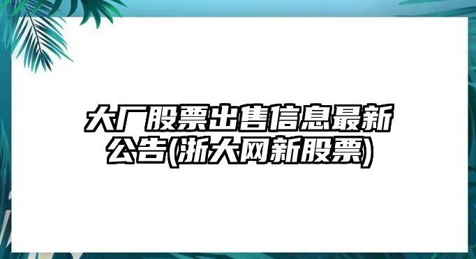 大廠(chǎng)股票出售信息最新公告(浙大網(wǎng)新股票)